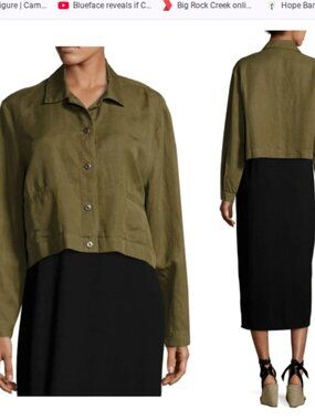Eileen Fisher Olive Green Linen Tencel Lightweight Cropped Jacket Minimalist Sm